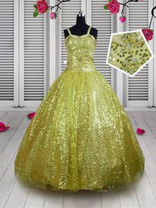 Sleeveless Floor Length Sequins Lace Up Child Pageant Dress with Gold