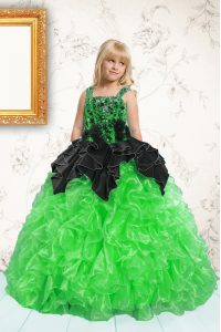 Green Organza Lace Up Kids Pageant Dress Sleeveless Floor Length Beading and Pick Ups