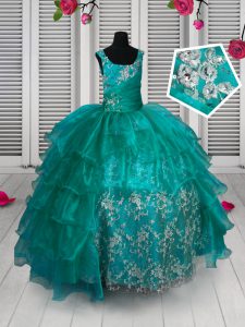 Custom Made Sleeveless Organza Floor Length Lace Up Little Girls Pageant Dress in Turquoise with Appliques and Ruffled L