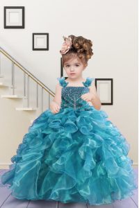 Exceptional Floor Length Turquoise Kids Pageant Dress Straps Sleeveless Lace Up