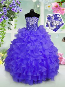 Exquisite Blue Lace Up Sweetheart Ruffled Layers and Sequins Pageant Dress for Womens Organza Sleeveless