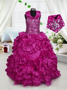 Fashionable Halter Top Floor Length Ball Gowns Sleeveless Fuchsia Glitz Pageant Dress Zipper