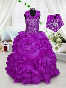 Ball Gowns Little Girls Pageant Gowns Purple Halter Top Taffeta Sleeveless Floor Length Zipper