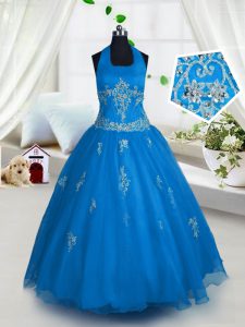 Fancy Halter Top Sleeveless Floor Length Appliques Lace Up Kids Formal Wear with Aqua Blue