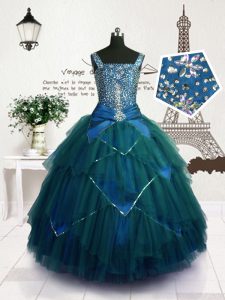 Free and Easy Teal Ball Gowns Beading and Belt Pageant Dress Wholesale Lace Up Tulle Sleeveless Floor Length