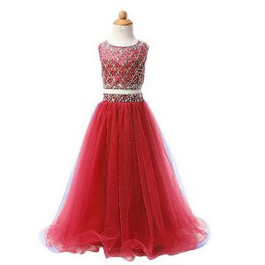 Luxury Red Scoop Neckline Beading Flower Girl Dresses for Less Sleeveless Zipper