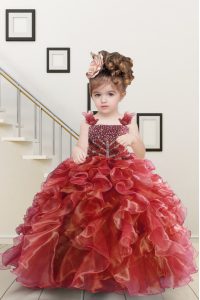 Watermelon Red Lace Up Straps Beading and Ruffles Pageant Dress Toddler Organza Sleeveless