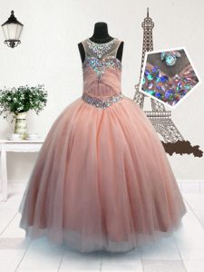 Scoop Pink Zipper Glitz Pageant Dress Beading Sleeveless Floor Length