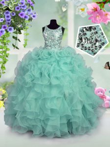 Unique Turquoise Child Pageant Dress Party and Wedding Party and For with Ruffles and Sequins Scoop Sleeveless Zipper