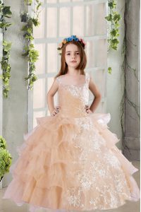 Perfect Floor Length Champagne Glitz Pageant Dress Organza Sleeveless Lace and Ruffled Layers