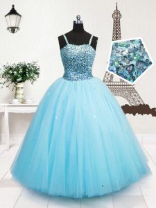 Sleeveless Floor Length Beading and Sequins Zipper Little Girls Pageant Dress with Turquoise