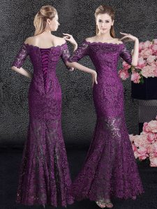 Fabulous Mermaid Purple Off The Shoulder Lace Up Lace Prom Dress Half Sleeves