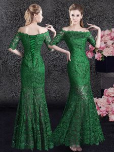Mermaid Off the Shoulder Half Sleeves Lace Floor Length Lace Up Evening Dress in Green with Lace