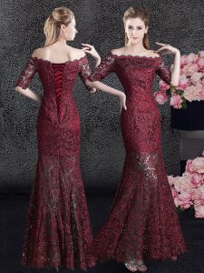 Mermaid Wine Red Lace Up Off The Shoulder Lace Prom Party Dress Lace Half Sleeves
