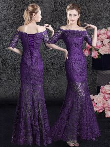 Mermaid Off the Shoulder Half Sleeves Lace Floor Length Lace Up Prom Dresses in Eggplant Purple with Lace