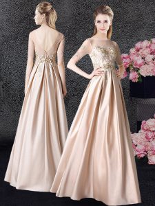 Champagne Homecoming Dress Prom and Party and Military Ball and Wedding Party and For with Appliques Scoop Half Sleeves 