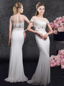 Scoop White Short Sleeves With Train Appliques and Sequins Zipper Prom Gown