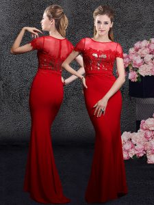 Custom Fit Scoop Sequins With Train Column/Sheath Short Sleeves Red Dress for Prom Brush Train Zipper