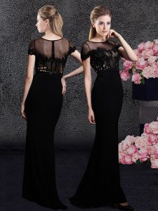 Elegant Black Zipper Scoop Appliques and Sequins Prom Dresses Elastic Woven Satin Short Sleeves Sweep Train