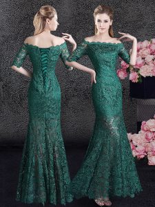Eye-catching Mermaid Scalloped Half Sleeves Lace Floor Length Lace Up Dress for Prom in Dark Green with Lace