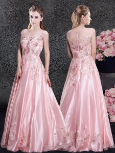 Scoop Baby Pink Cap Sleeves Organza Zipper Prom Evening Gown for Prom and Military Ball and Wedding Party