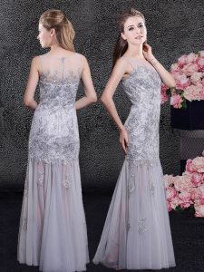 Scoop Floor Length Grey Dress for Prom Tulle Sleeveless Lace and Appliques