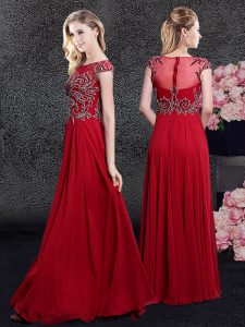 Red Empire Scoop Cap Sleeves Chiffon Floor Length Zipper Appliques Prom Dress