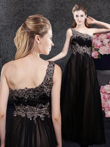 One Shoulder Floor Length Empire Sleeveless Black Prom Evening Gown Side Zipper