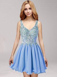 Designer Criss Cross Straps Sleeveless Prom Party Dress Mini Length Beading and Ruffles Blue Chiffon