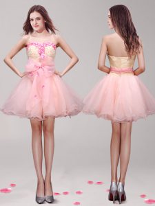 Pink Sleeveless Appliques and Hand Made Flower Mini Length Prom Evening Gown