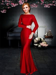 Cheap Off The Shoulder Long Sleeves Elastic Woven Satin Prom Evening Gown Ruching Zipper
