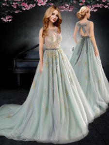 Beautiful Scoop Sleeveless Tulle With Brush Train Backless Homecoming Dress in Apple Green with Appliques and Bowknot