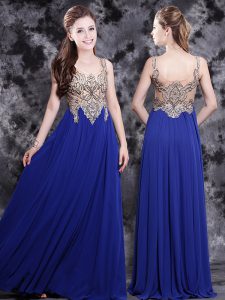 Scoop Floor Length Royal Blue Prom Party Dress Chiffon Sleeveless Appliques