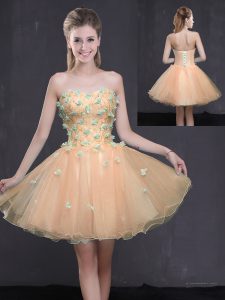 On Sale Peach Sleeveless Mini Length Appliques Lace Up Homecoming Dress