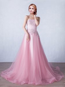 Pink Sleeveless Tulle Brush Train Lace Up Evening Dress for Prom