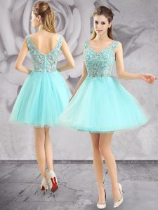 Elegant Mini Length Aqua Blue Prom Dress Tulle Sleeveless Appliques
