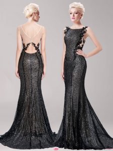 Mermaid Black Clasp Handle Square Appliques and Sequins Prom Dress Sequined Sleeveless Brush Train