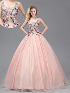 Straps See Through Baby Pink Sleeveless Floor Length Appliques Criss Cross Quinceanera Dresses
