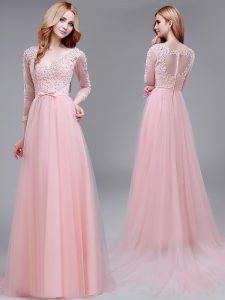 Pretty Tulle V-neck 3 4 Length Sleeve Brush Train Zipper Lace and Bowknot Prom Party Dress in Baby Pink