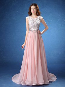 New Style Scoop Baby Pink Chiffon Zipper Dress for Prom Sleeveless With Brush Train Lace and Appliques and Belt
