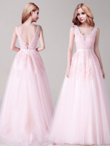 Sleeveless Tulle Floor Length Backless Evening Dress in Baby Pink with Appliques and Belt