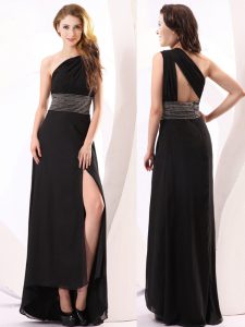 One Shoulder Backless Black Sleeveless Beading Floor Length Prom Evening Gown