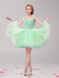 Halter Top Backless Mini Length Apple Green Homecoming Dress Tulle Sleeveless Ruffles and Hand Made Flower