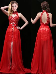 Halter Top Coral Red Sleeveless With Train Lace and Sashes ribbons Backless Prom Dresses