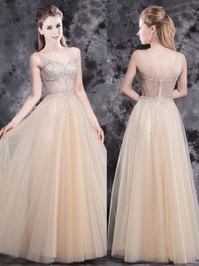 Wonderful V-neck Sleeveless Prom Dress Floor Length Beading Champagne Tulle