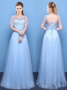 Modest Tulle Scoop Short Sleeves Lace Up Beading Prom Gown in Light Blue