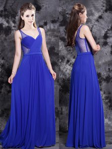 V-neck Sleeveless Prom Dress Floor Length Beading Royal Blue Chiffon