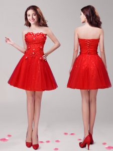 Mini Length Red Dress for Prom Tulle Sleeveless Beading and Appliques