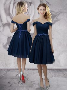 Navy Blue Off The Shoulder Neckline Bowknot Evening Dress Sleeveless Lace Up