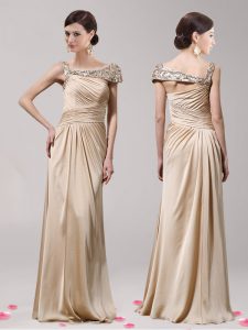 New Arrival Champagne Empire Beading Prom Evening Gown Side Zipper Elastic Woven Satin Sleeveless Floor Length